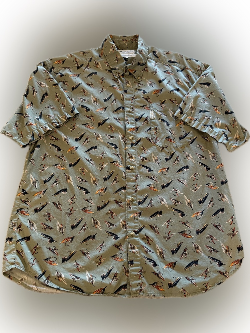 Vintage Columbia Fly Fishing Lure Print Button Shirt Men’s XL Cotton